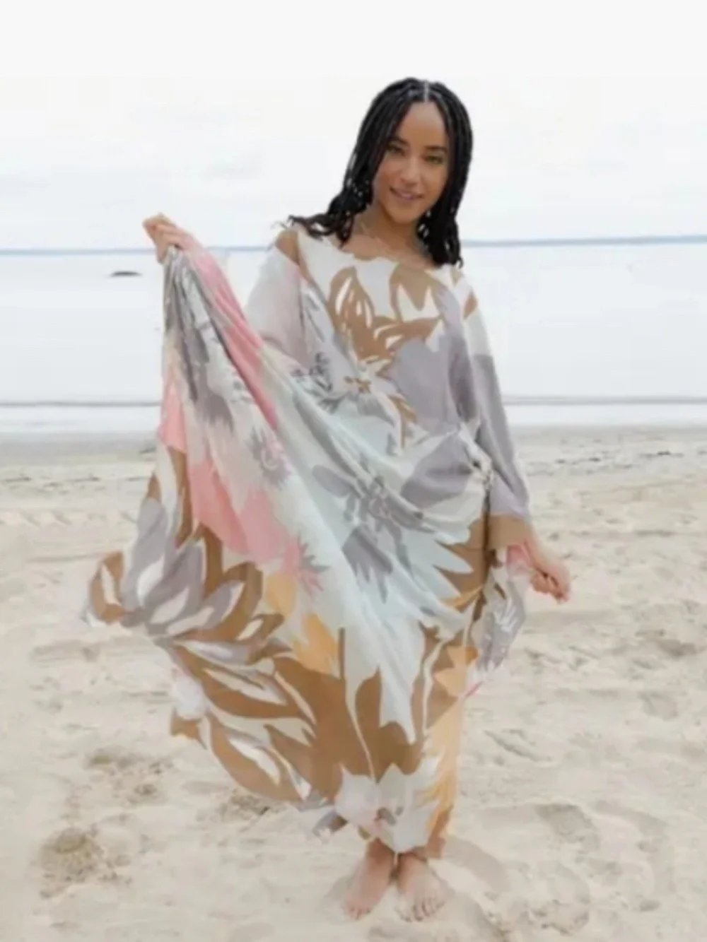 Saachi Floral Rayon Crepe Kaftan - Gray/ multi-colored - ONE SIZE - NEW - Picture 6 of 9